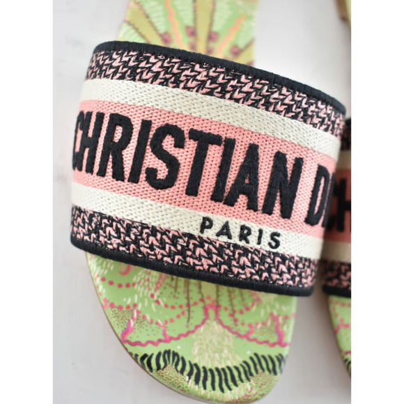 Christian Dior In Lights Dway Green Pink Embroidered Logo Slide Flat Sandal 35 - Picture 7 of 12
